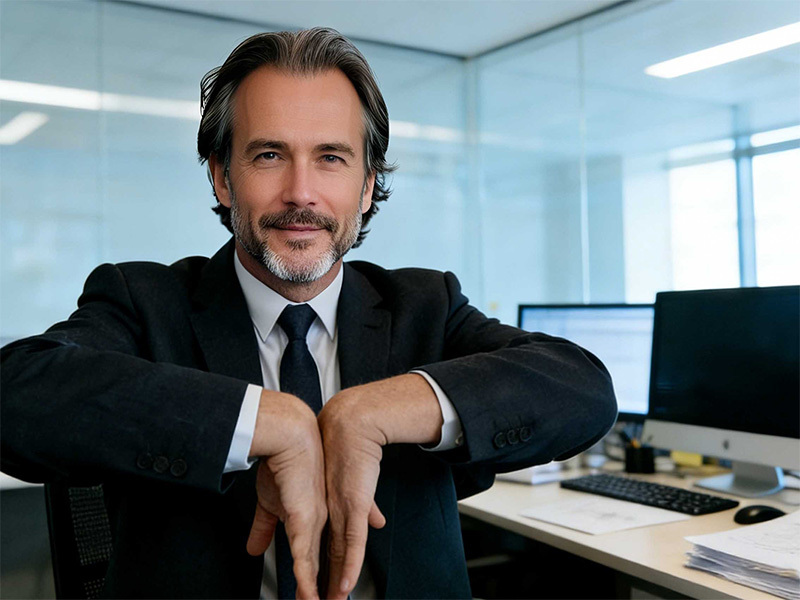 Businessman sitting at an office desk performing a preventive wrist stretching exercise.