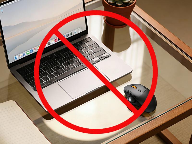 Laptop and mouse on glass desk with red prohibition symbol overlay, warning against using optical mouse on reflective surfaces