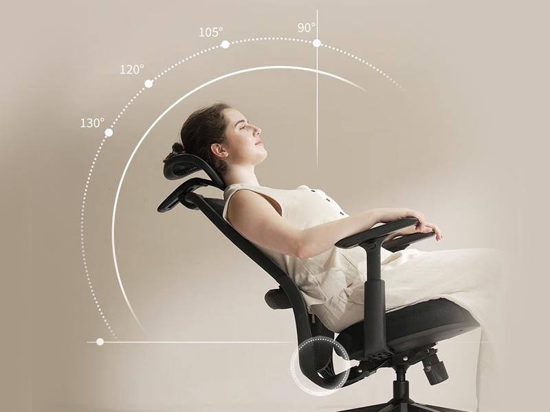 Woman demonstrating ergonomic chair recline angles from 90° to 130° with adjustable backrest positions at 90°, 105°, 120°, and 130° marked with arc diagram