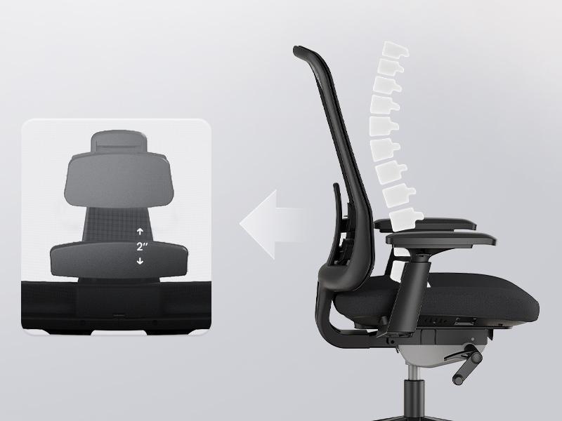 Adjustable lumbar support, 2 inch range, ergonomic office chair