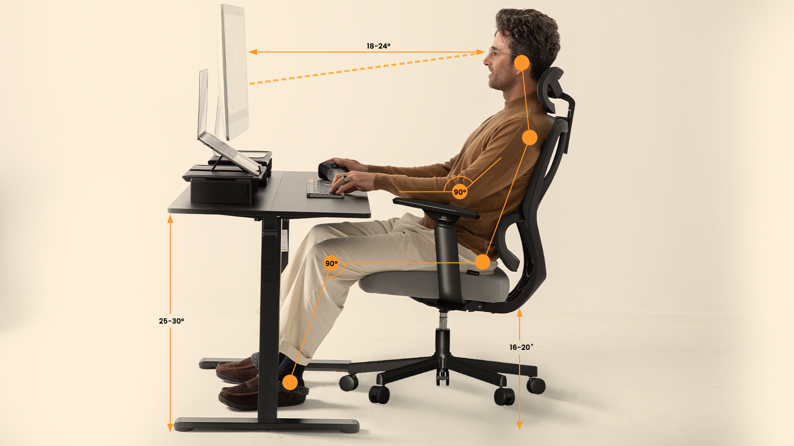 Ergonomic setup: adjustable desk, chair angles for comfortable posture