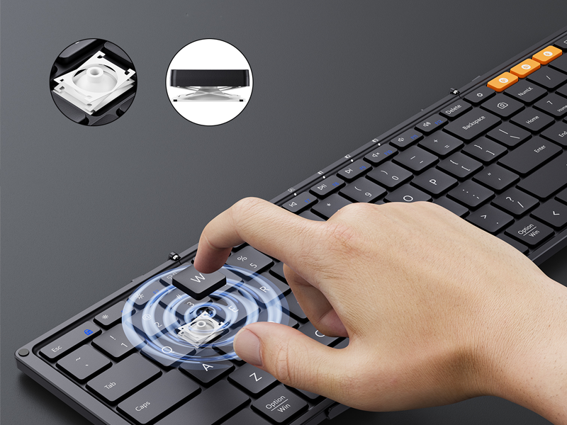 Slim keyboard key switch shown with finger pressing 'W' key