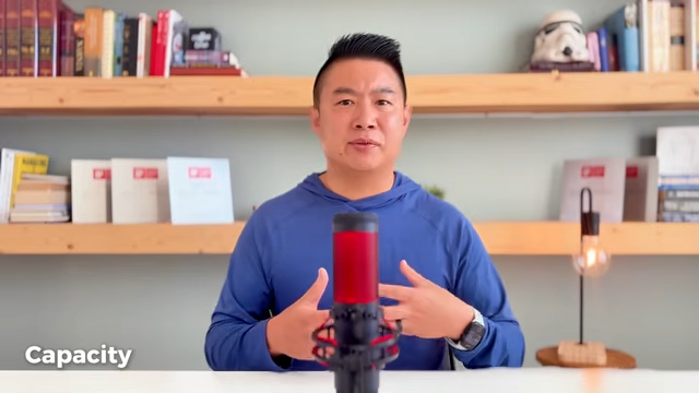 Man presenting SEO tips with mic. Improve article image capacity