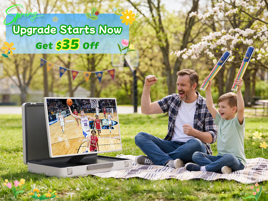 Portable monitor showing basketball game outdoors. Spring upgrade offer, $35 off