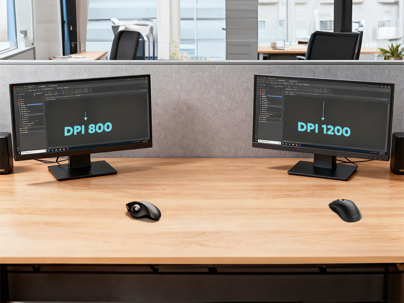 Two computer monitors displaying 800 DPI and 1200 DPI with wireless mouses