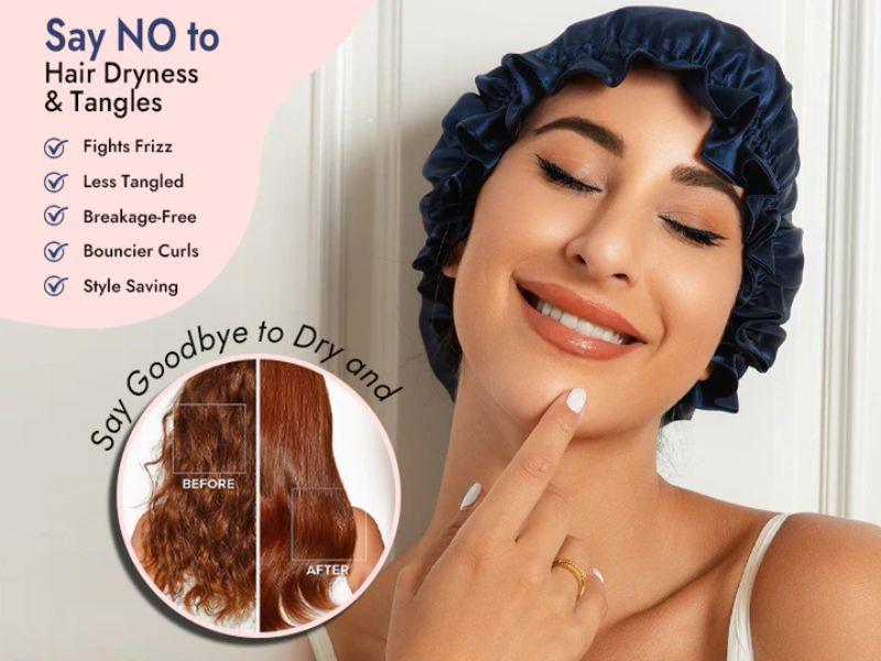 Satin bonnet for frizz-free, tangle-free hair. Before & after hair transformation