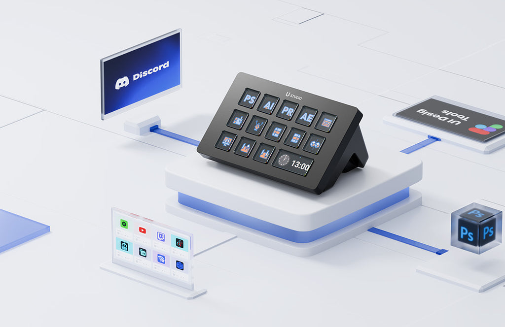 U-Studio control deck managing Discord, Adobe, and UI design apps