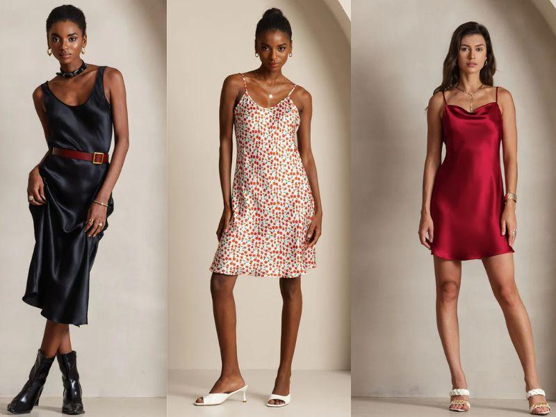 Silk slip dresses in black, floral, and red colors