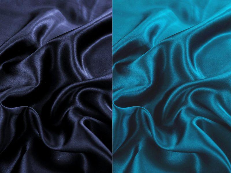 Navy and turquoise satin fabric: smooth, shiny textile