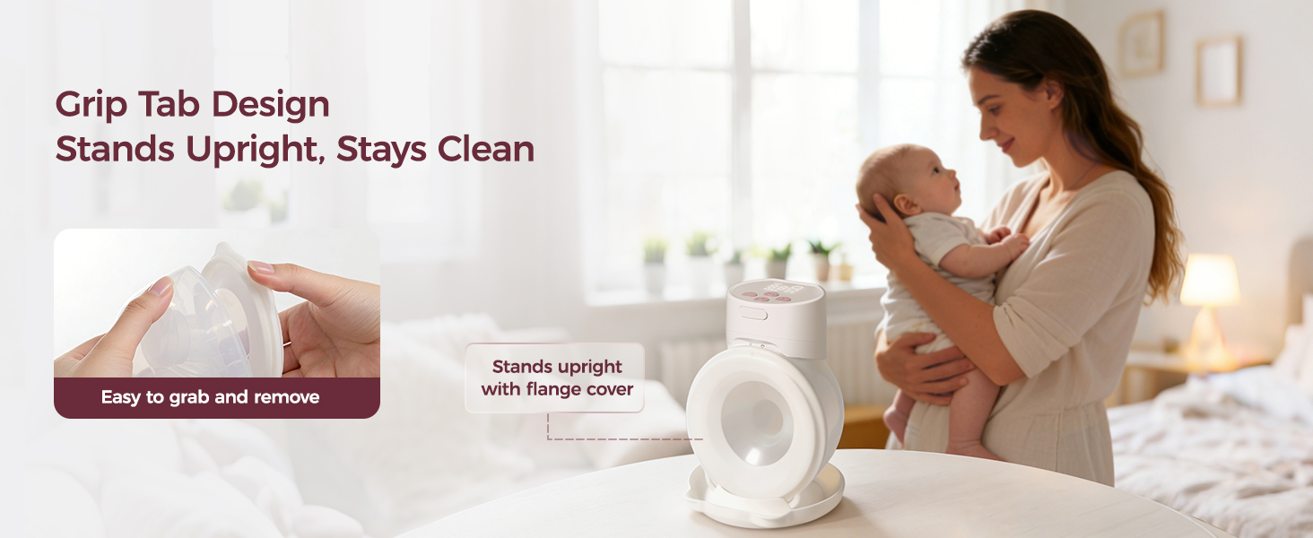 Hands-free breast pump shown with mother holding baby