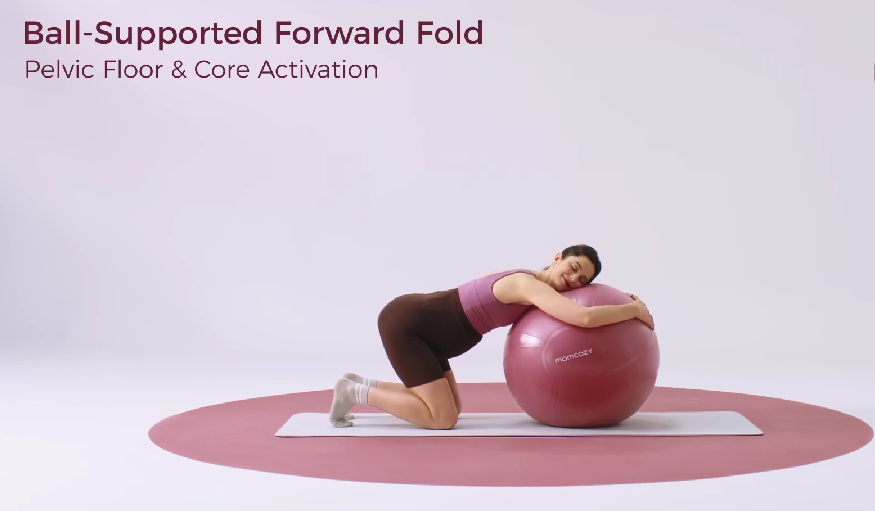 Pregnant woman performs ball-supported forward fold for pelvic floor and core activation