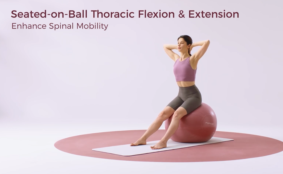 Woman performing seated thoracic extension on stability ball for spinal mobility