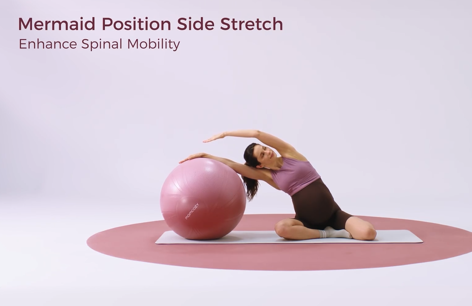 Mermaid Position Side Stretch for pregnant women enhancing spinal mobility