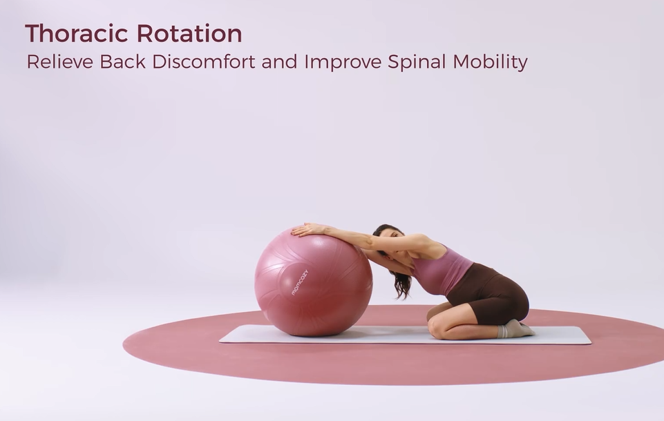Thoracic Rotation exercise using yoga ball to relieve back discomfort